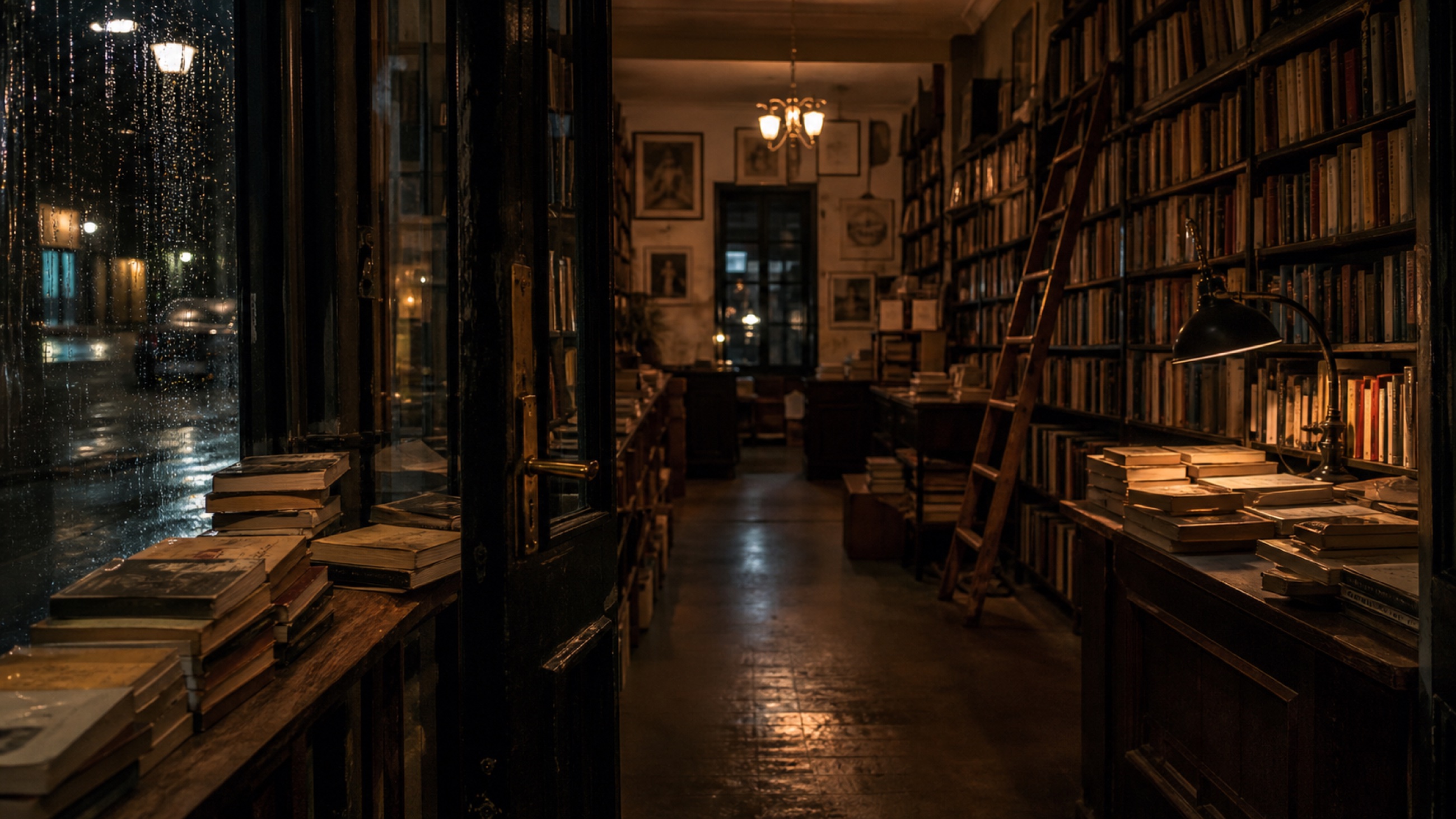 A narrow old bookshop after closing on a rainy night