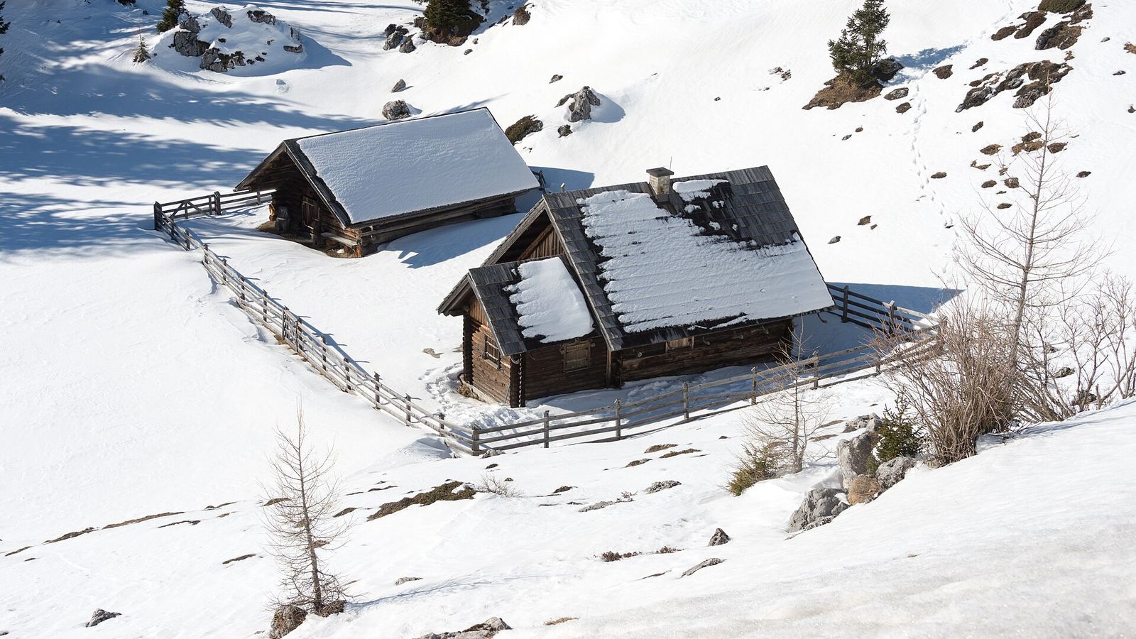 Log cabins under snow on an open mountain slope