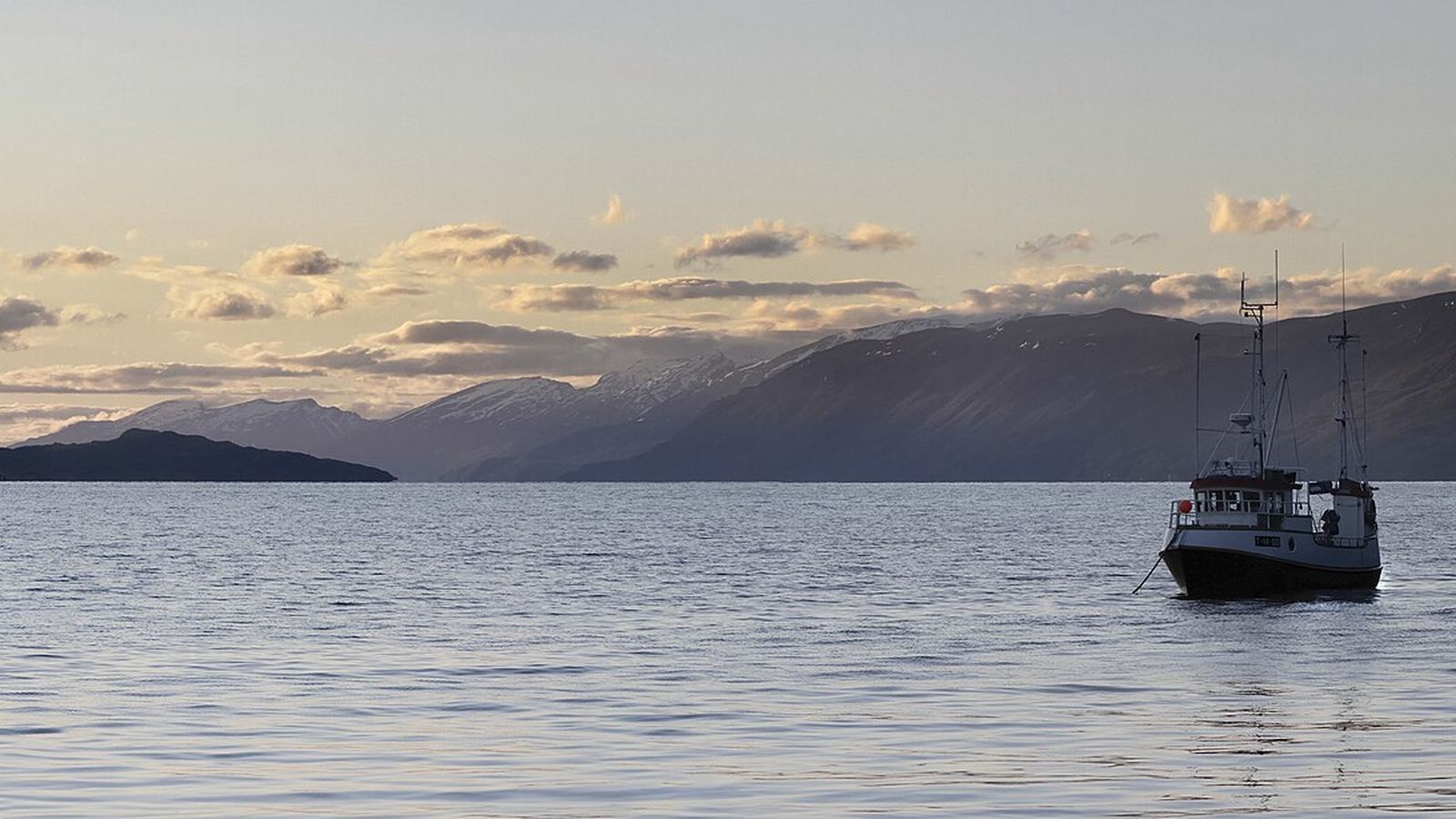 A small boat lying still on a calm fjord in the last evening light