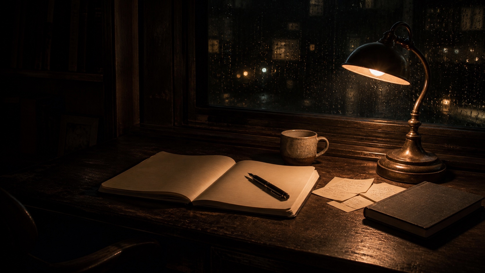 A blank notebook and fountain pen on a wooden desk beside a rainy night window