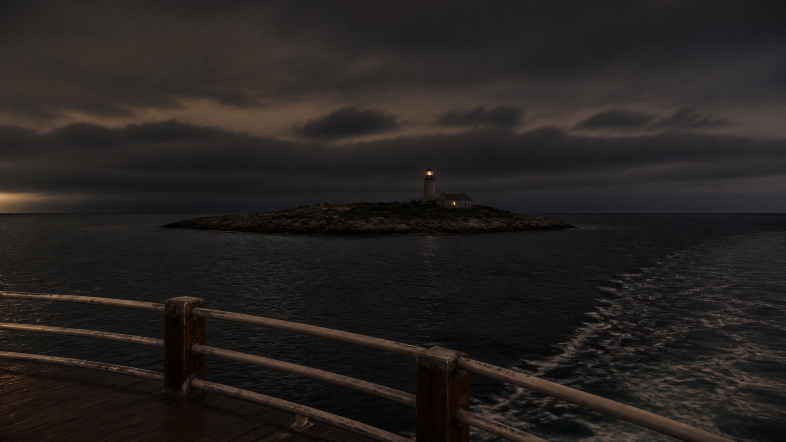 A lighthouse island beyond the wake of a night ferry