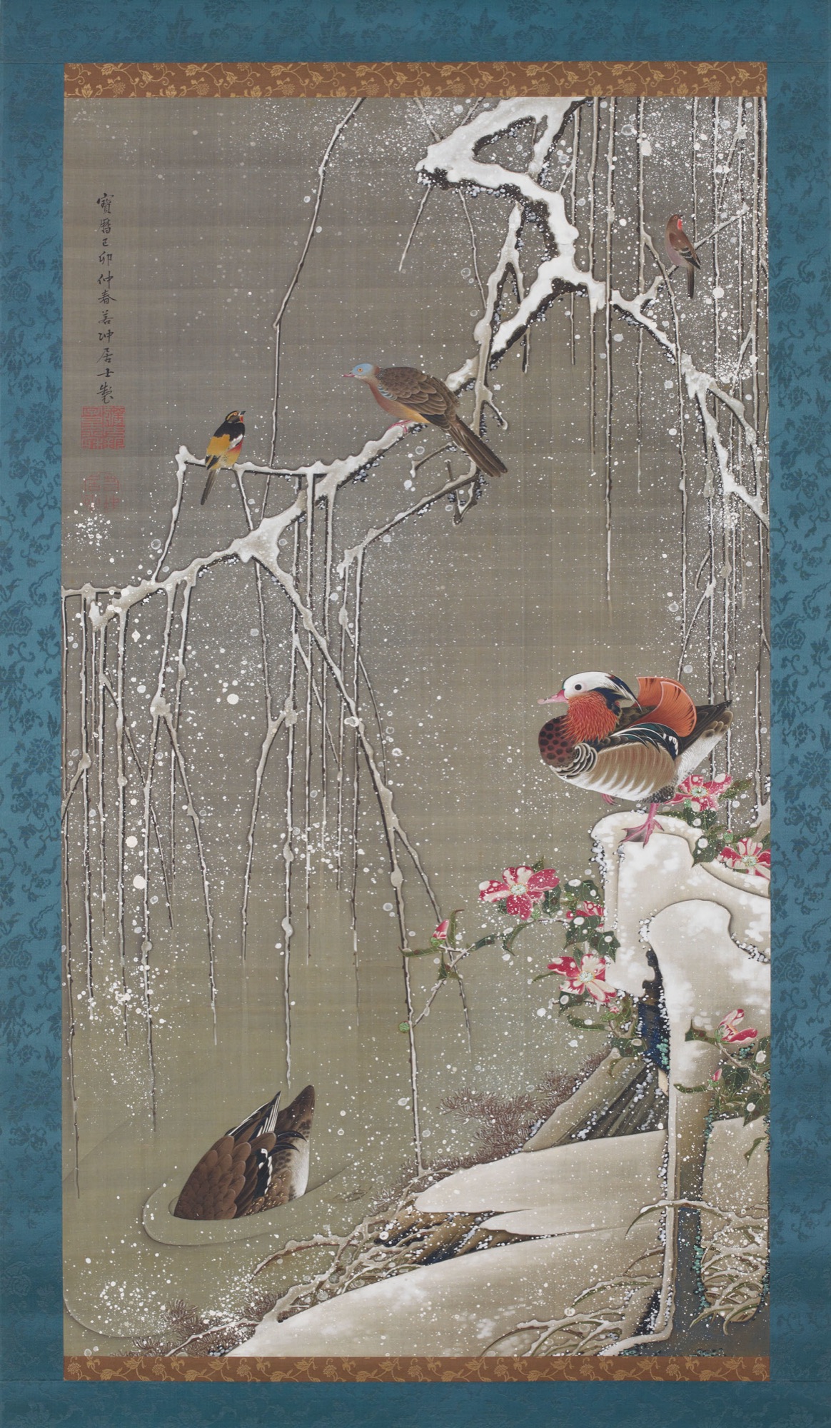 A hanging scroll painting of snow-laden willow branches above a pool, with a mandarin drake on a snowy rock among red camellias and a second duck in the water.