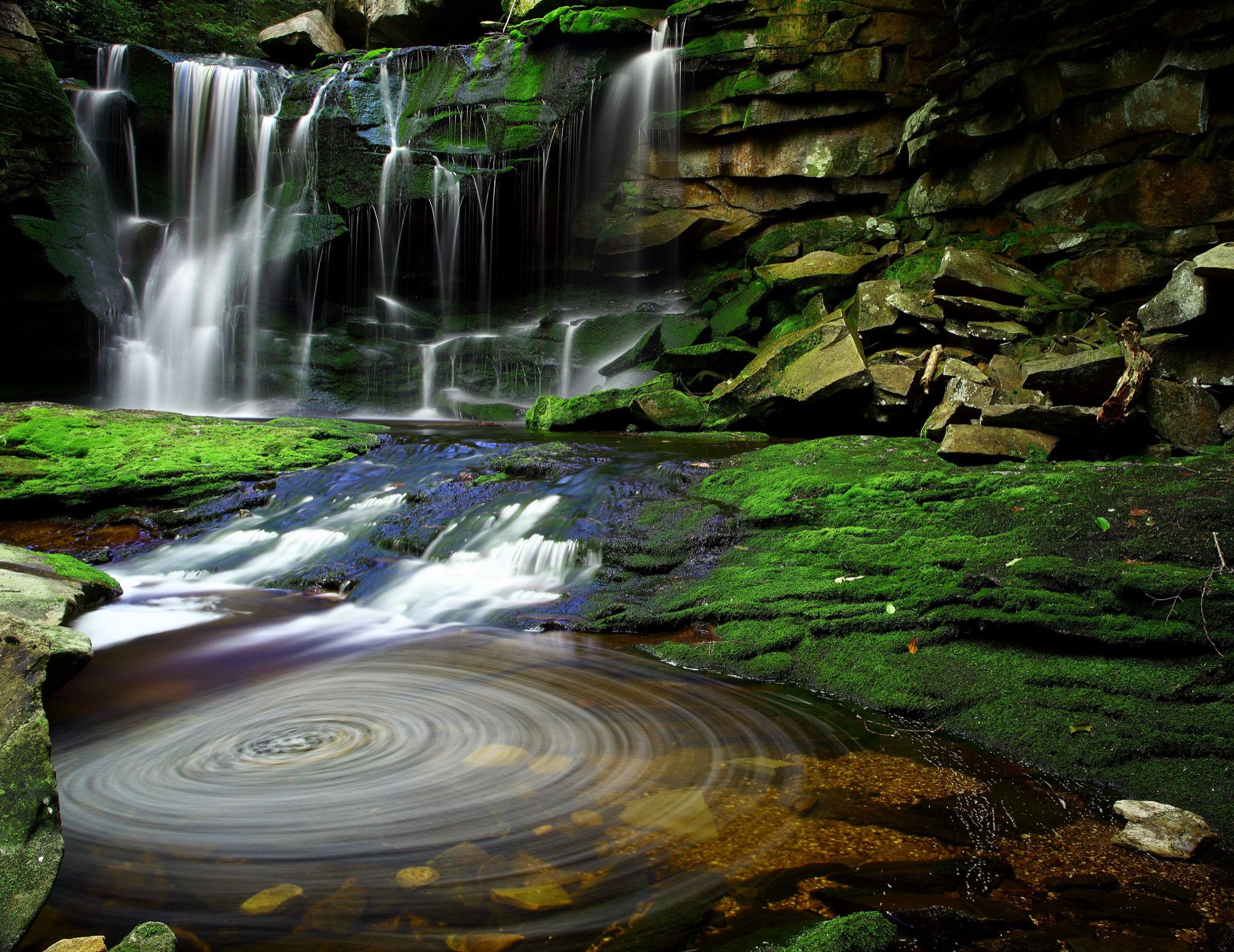 A waterfall pours in thin white threads over dark mossy ledges into a stream, which runs past bright green moss into a clear pool with a slow swirl on its surface.