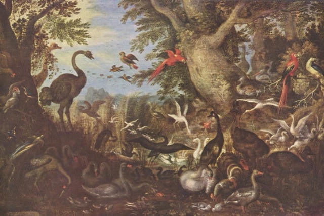 A wooded glade crowded with birds of many kinds, including ostriches, macaws, swans, geese and herons, around a pool fringed with reeds.