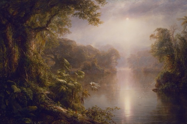 A painting of a calm tropical river glowing under a hazy sun, framed by dense forest, a fan palm and a mossy fallen trunk.
