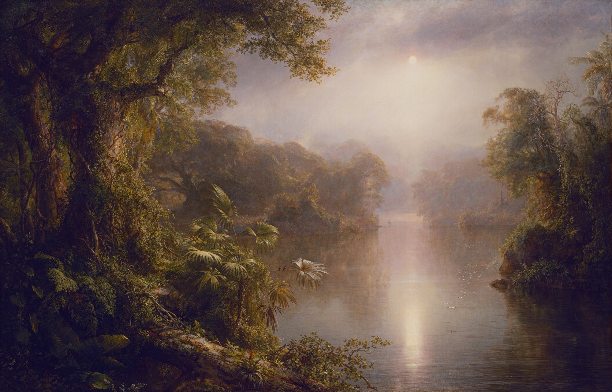 A painting of a calm tropical river glowing under a hazy sun, framed by dense forest, a fan palm and a mossy fallen trunk.