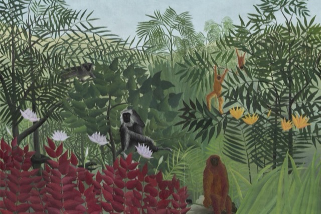 A painted jungle of palms and broad leaves with a grey monkey among white lilies, a russet monkey by the water and two orange monkeys hanging in a tree.