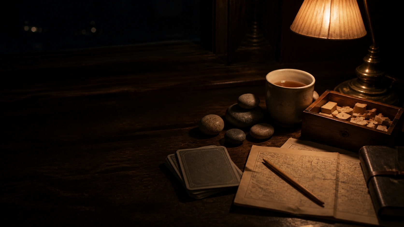 A lamplit table with cards, smooth stones, a folded map, wooden pieces, and tea