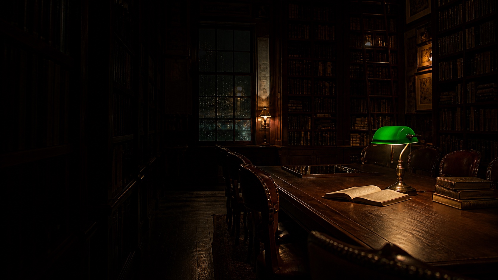 A rain-dark reading room with tall bookcases and one green-shaded lamp